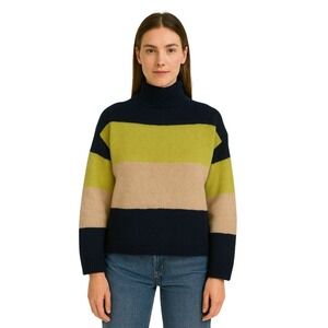 Cliche Colorblock Striped Turtleneck Sweater Blue Tan Green oversized cozy S